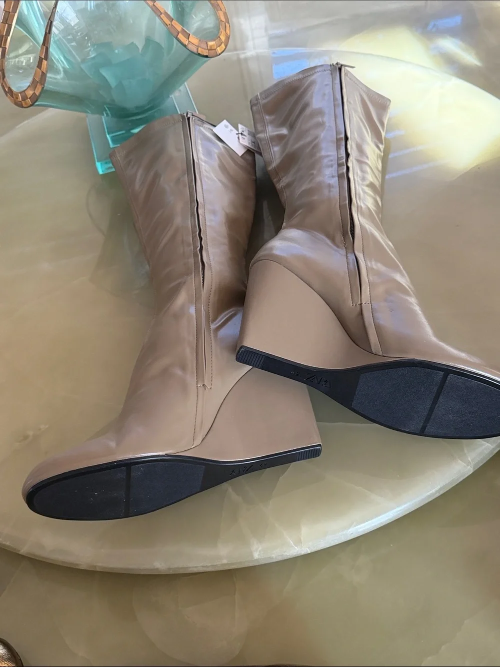 Zara Women Olive Green Over the Knee Wedge Boots Sz 41 42 Vegan Leather NWT